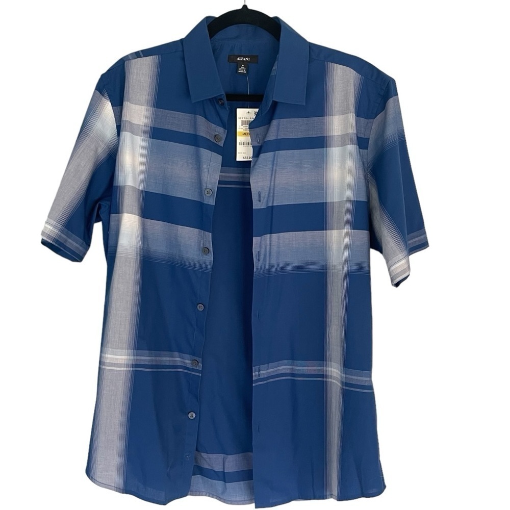 NWT Alfani 100% Cotton Plaid Button Down Shirt Short Sleeve Casual Beach Top